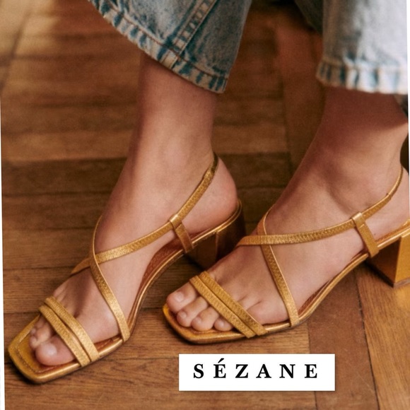 Sezane Shoes - SEZANE PERNILLE SANDALS GOLD 37 6.5 Strappy Block Heel Square Toe Metallic Shoes